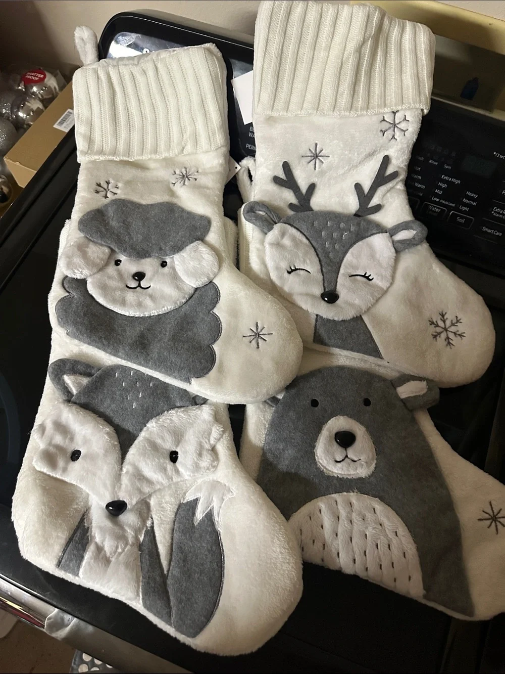 Hobby Lobby Cream & Gray Plush Woodland Animal Holiday Stockings - Set of 4